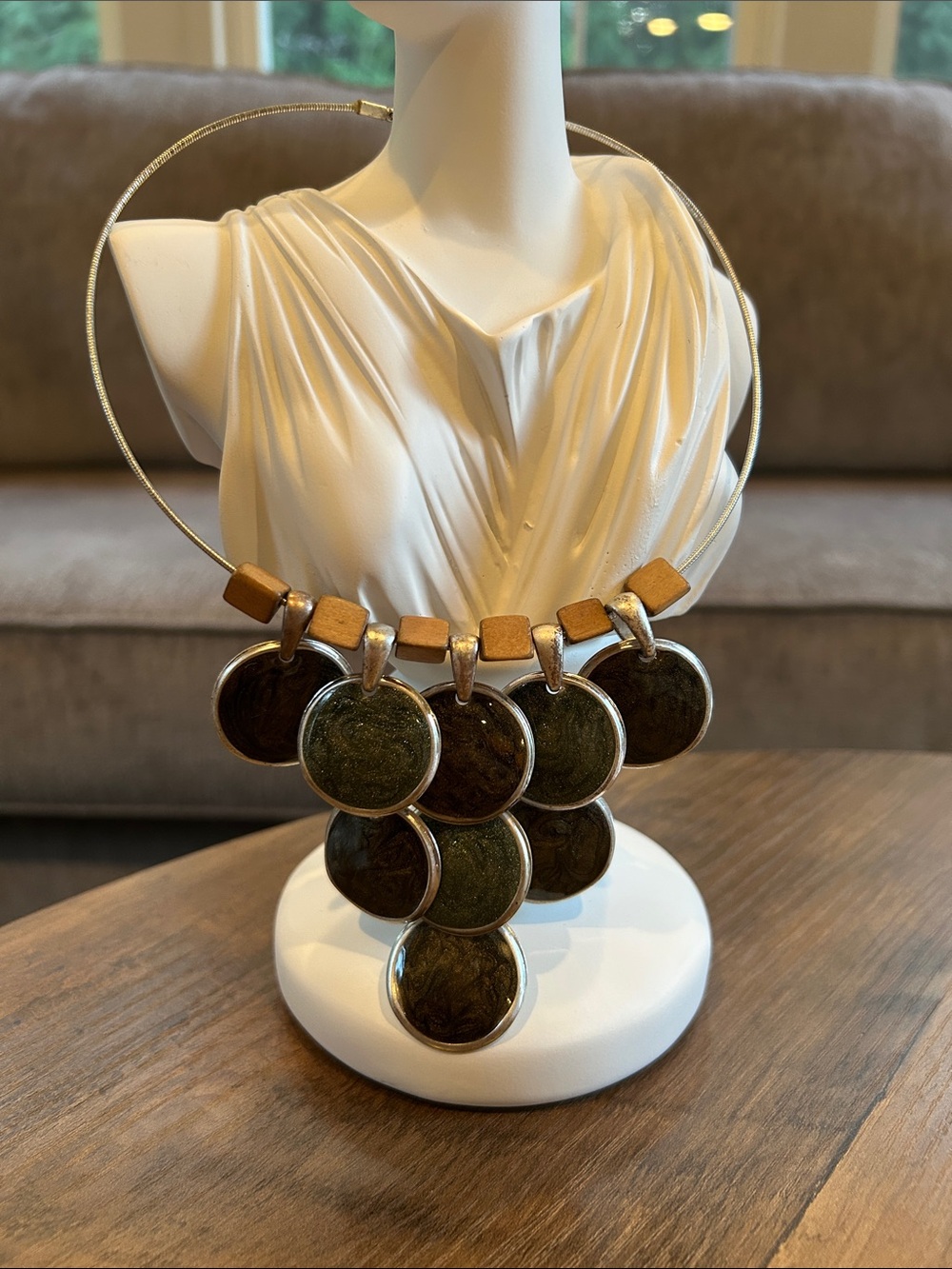 Olive Green and Brown Disc Collar Statement Necklace